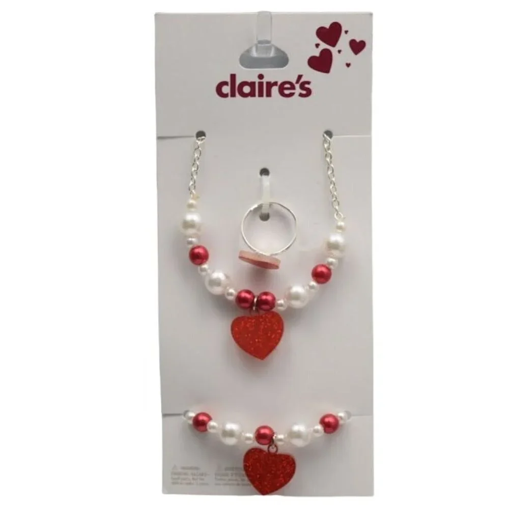 Claires Glitter Heart Girls Jewelry Set Ring Bracelet Necklace Faux Pearls